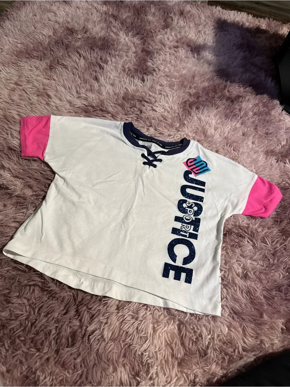 Justice White Tee with Pink Sleeves & Navy Logo